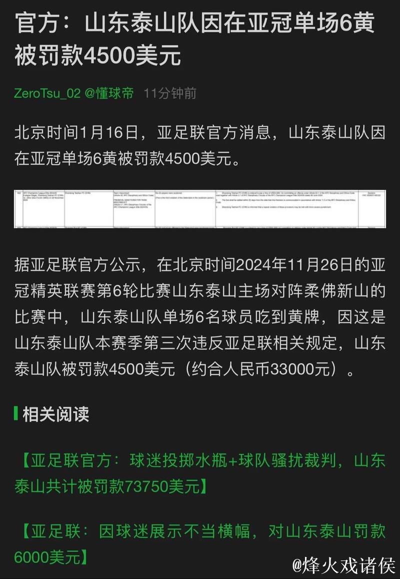 亚足联宣布：山东泰山因退出亚冠被处以两年禁赛及罚款